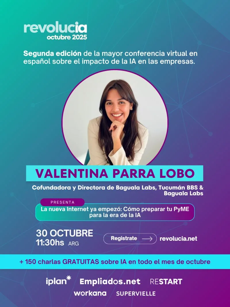 Pieza de difusión de la charla de Valentina para Revolucia en octubre de 2025